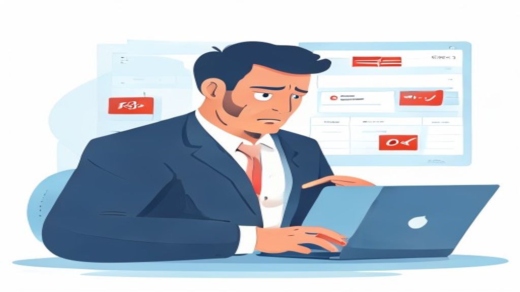 flat illustration of a stressed 40-year-old businessman looking at a laptop showing red negative num