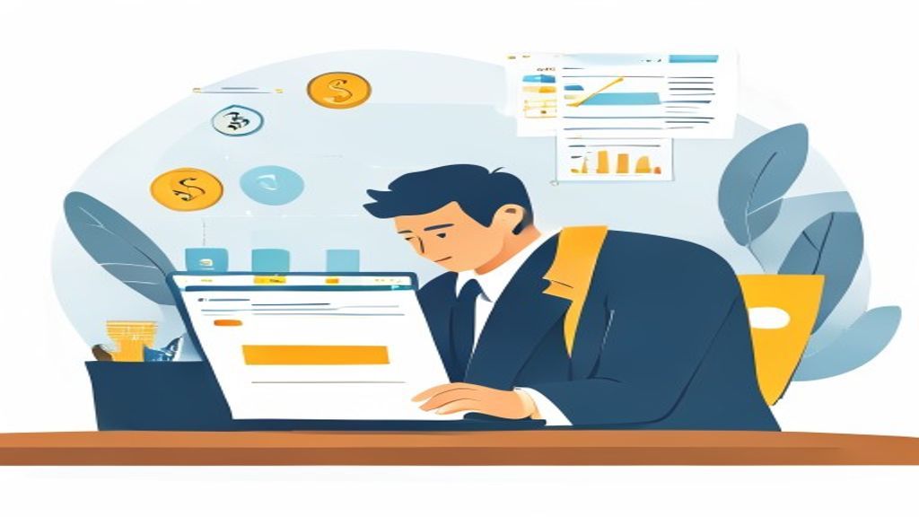 flat illustration of a 40-year-old businessman in a suit checking google ads dashboard on laptop at 