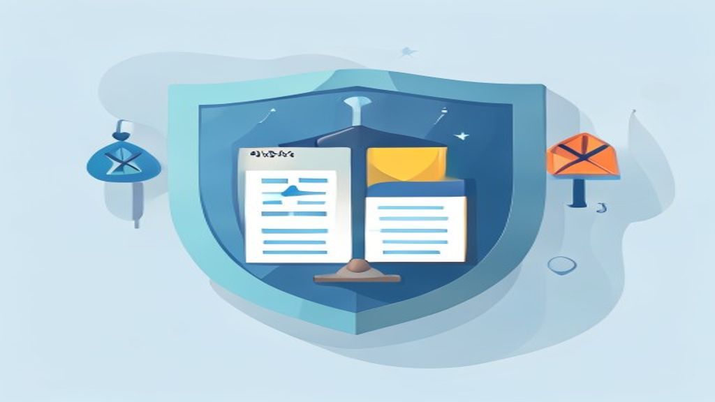flat illustration of shield icon with law book, compliance checklist, warning signs, advertising pol