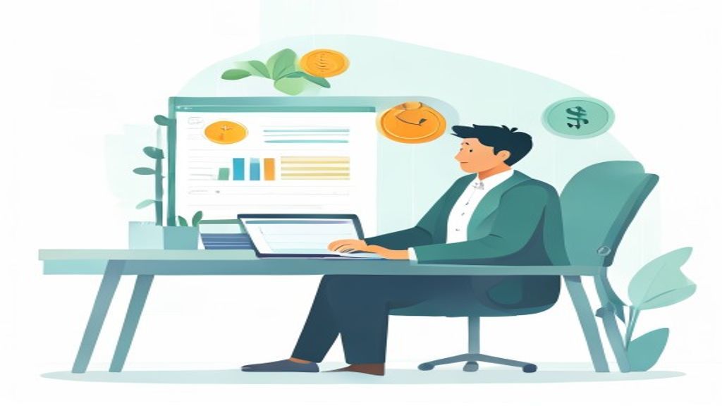 flat illustration of a 40-year-old businessman sitting at desk with laptop showing google ads dashbo