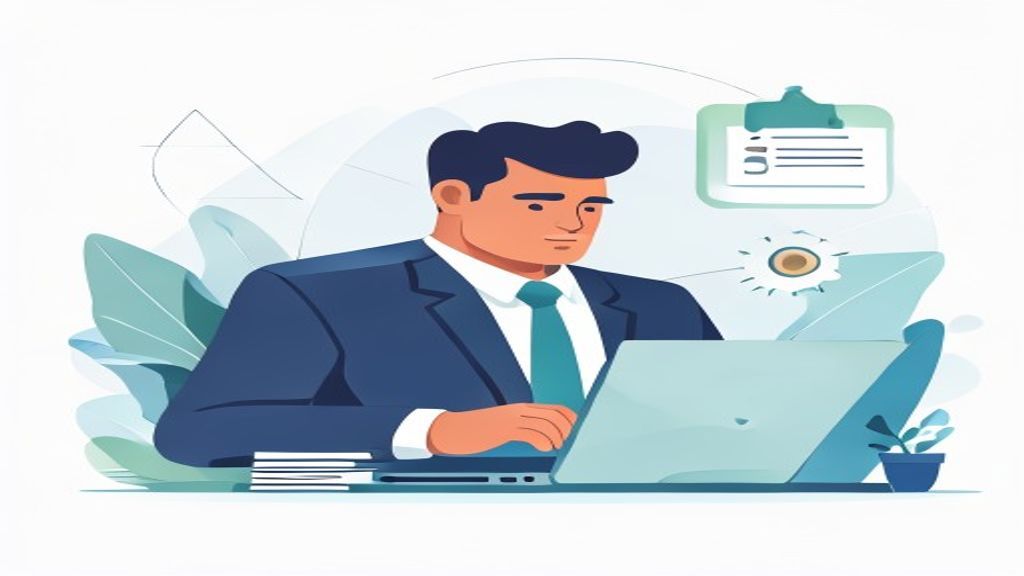 flat illustration of a 40-year-old businessman reviewing legal compliance documents on a laptop, che