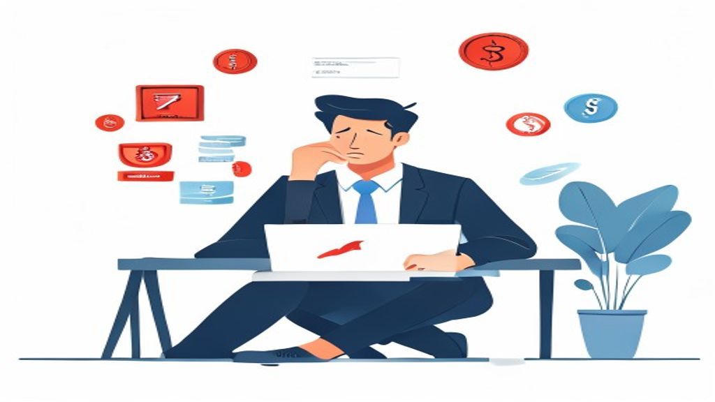 flat illustration of a stressed 40-year-old businessman sitting at desk with a laptop showing declin