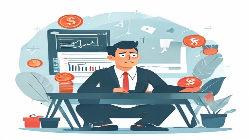 flat illustration of a frustrated 40-year-old businessman sitting at a desk with a laptop showing de