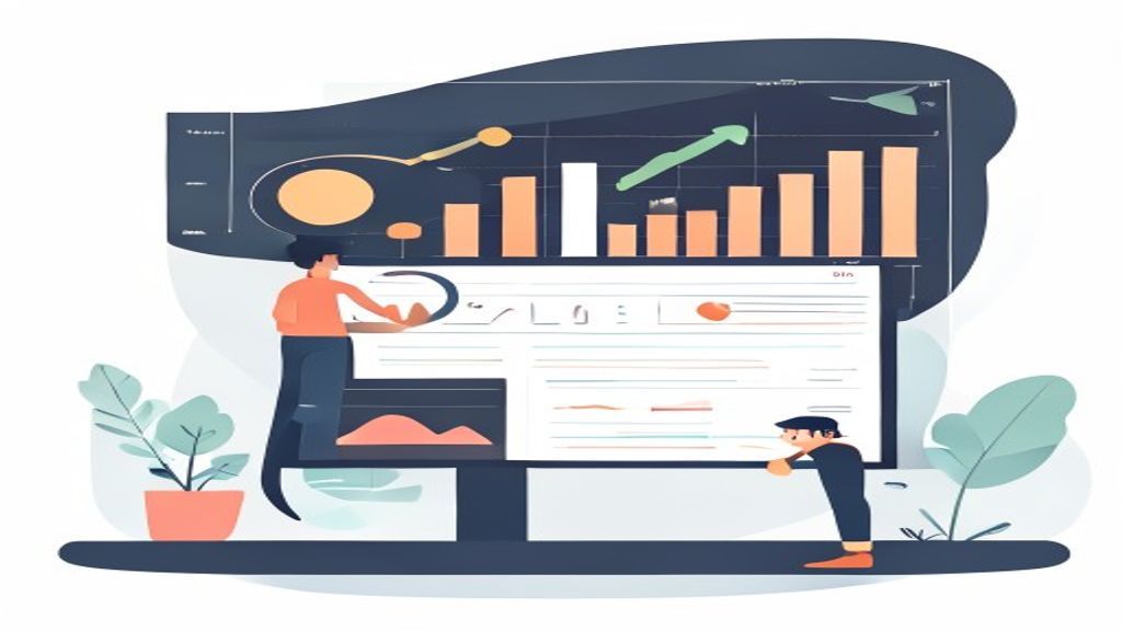 flat illustration of analytics dashboard showing CTR CVR CPA bar charts and line graphs, upward tren