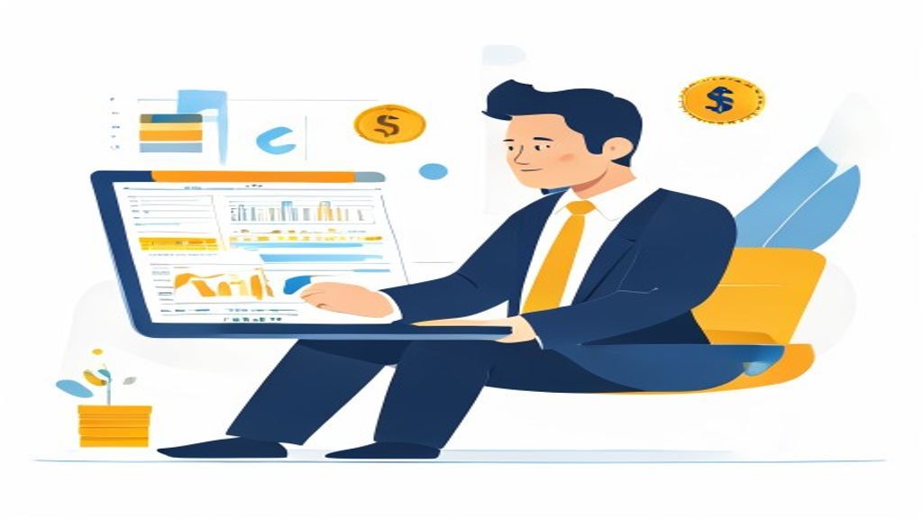 flat illustration of a 40-year-old businessman analyzing google ads dashboard on laptop, growing gra