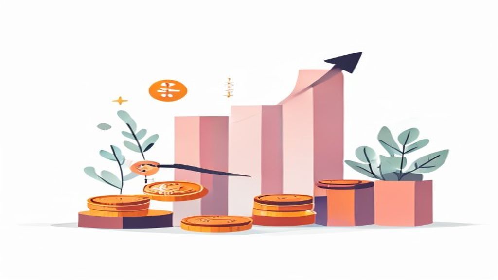 flat illustration of bar chart showing ad spend vs affiliate revenue, break even point marked with a