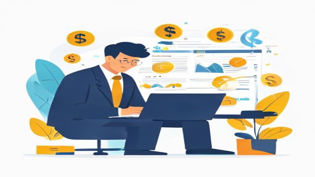 flat illustration of a 40-year-old businessman analyzing google ads dashboard on laptop, money flow 