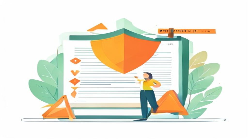 flat illustration of compliance and regulation checklist with shield icon, legal documents, warning 