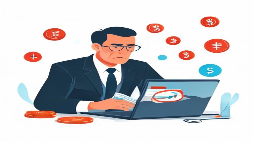 flat illustration of a frustrated 40-year-old businessman looking at a laptop showing google ads das