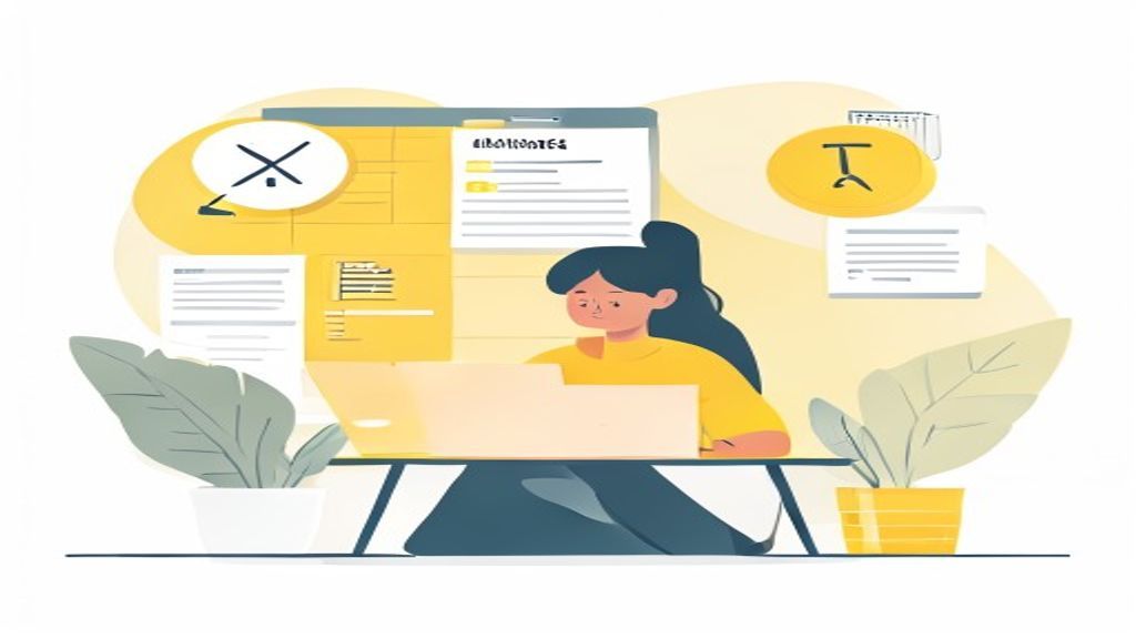 flat illustration of a checklist with warning signs, tax documents, calendar icons, and a person rev