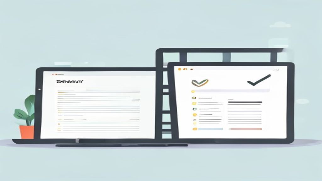 flat illustration of a bridge page design wireframe on a laptop and smartphone screen, comparison ta