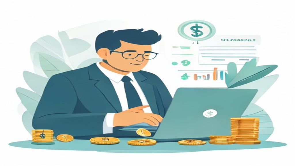 flat illustration of a 40-year-old businessman comparing affiliate marketing platforms on laptop wit