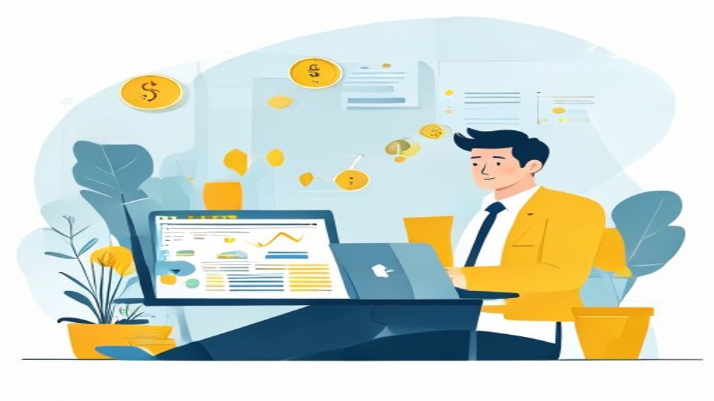 flat illustration of a 40-year-old businessman analyzing google ads dashboard on laptop at home afte