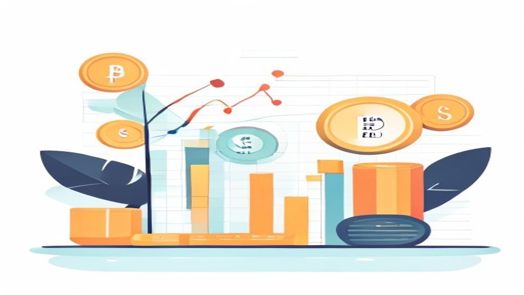 flat illustration of calculation and budget planning for PPC affiliate, yen coins, graph chart showi