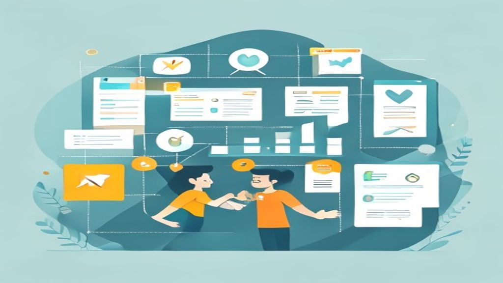 flat illustration of ASP affiliate marketplace with multiple platform icons, contract documents, han