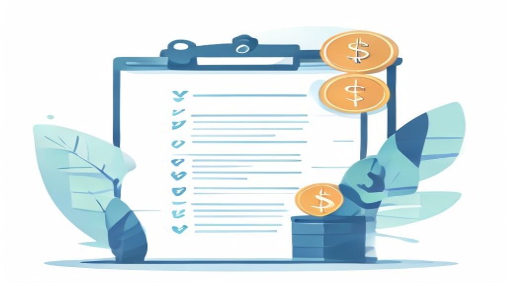flat illustration of a compliance checklist document with checkmarks, japanese yen coins, legal scal