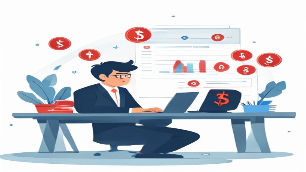 flat illustration of a frustrated 40-year-old businessman at desk looking at laptop showing declinin