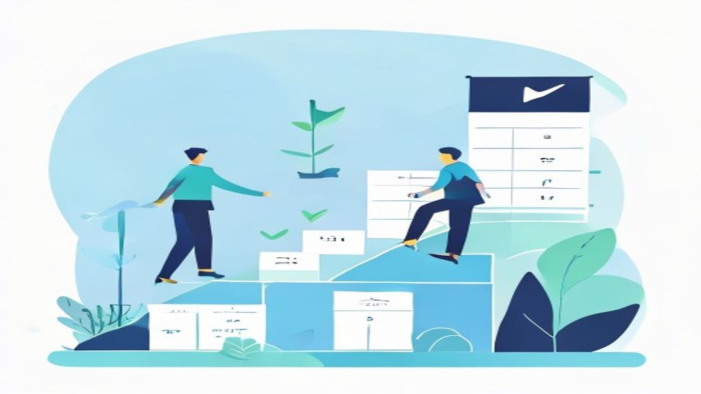 flat illustration of 4-week roadmap timeline with steps, checkmarks, calendar icons, businessman cli