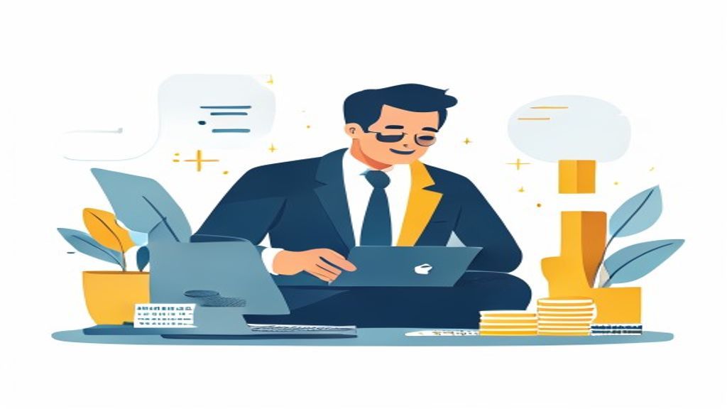 flat illustration of a 40-year-old businessman planning budget on laptop with japanese yen coins and