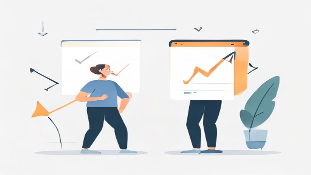flat illustration of a/b testing concept with two landing page designs, checkmarks, conversion rate 