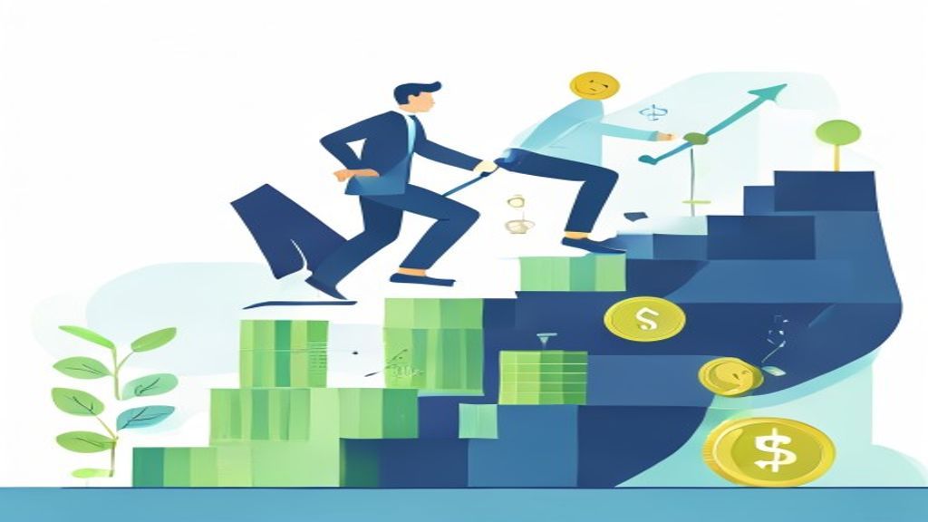 flat illustration of three-step staircase growth chart with coins and bar graphs, businessman climbi