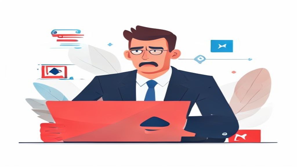 flat illustration of a frustrated 40-year-old businessman looking at a red rejected status screen on