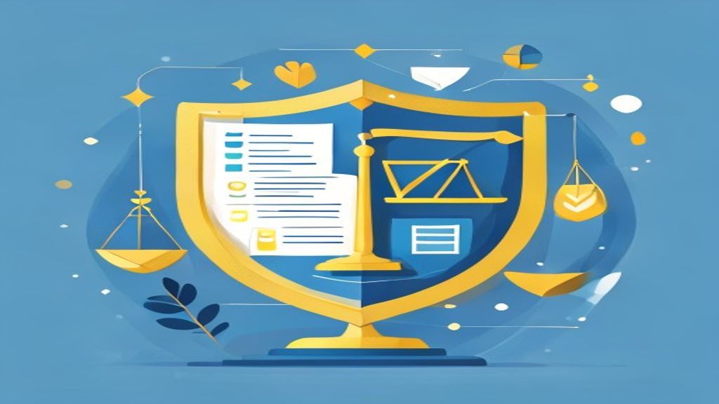 flat illustration of legal compliance shield with document icons representing regulations, checklist
